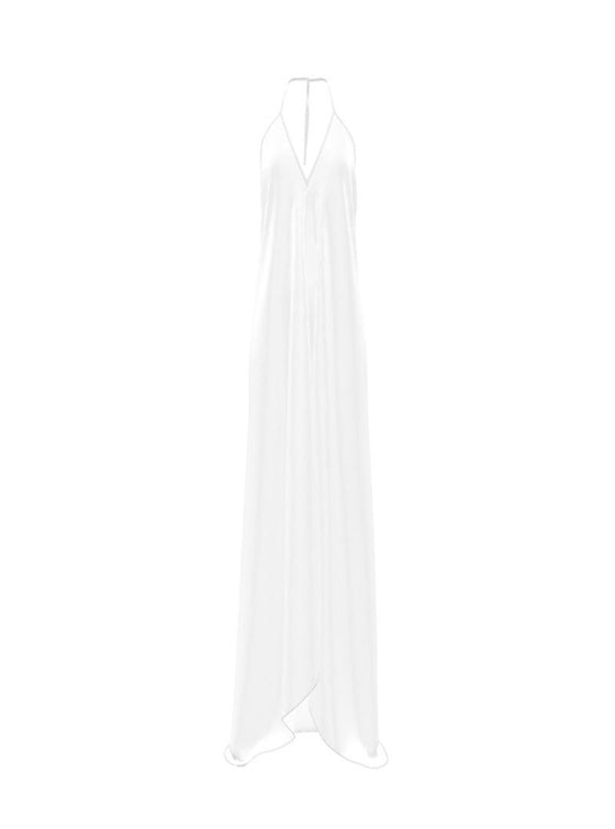 Shop womens white backless silk dress, white silk backless dress, white long wedding dress, white backless wedding dress, white resortwear dress, womens resortwear dress, white silk summer dress, white vacation dress, white maxi dress, designer wedding silk dress | MYLUXQUEEN