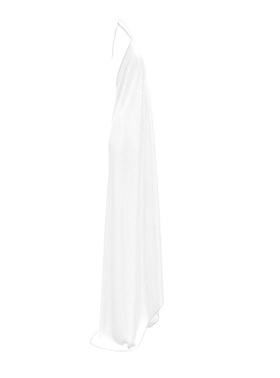 Shop womens white backless silk dress, white silk backless dress, white long wedding dress, white backless wedding dress, white resortwear dress, womens resortwear dress, white silk summer dress, white vacation dress, white maxi dress, designer wedding silk dress | MYLUXQUEEN