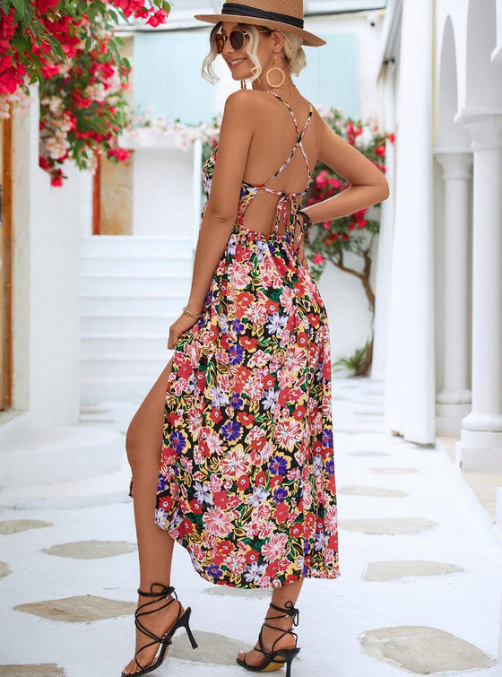 shop womens red floral backless dress | MYLUXQUEEN