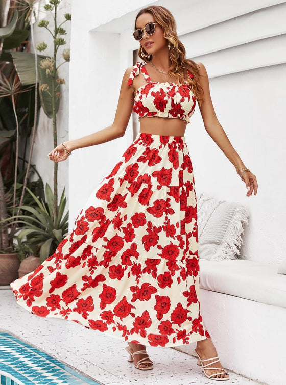 shop womens floral red top and skirt set, womens red summer clothing| MYLUXQUEEN