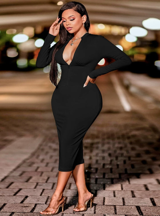 shop womens black bodycon midi dress, womens black long sleeve bodycon dress, womens black casual dress, womens sexy black dress, womens zippered front dress, womes fitted black casual midi dress, womens online fashion and clothing, womens casual black dresses, womens casual dresses, women sexy casual black dress | MYLUXQUEEN