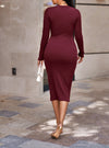 shop cutout burgundy ribbed midi dress with side slit, womens red midi dress, womens dark red midi dress, womens cutout dresses, womens red casual cutout dresses, womens long sleeve red dress, womens date night dress, womens red going out dress, womens night out dress | MYLUXQUEEN