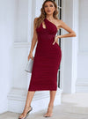 shop womens burgundy ruched fitted dress, going out dress, cocktail dress, evening dress, bloomingdales dress | MYLUXQUEEN
