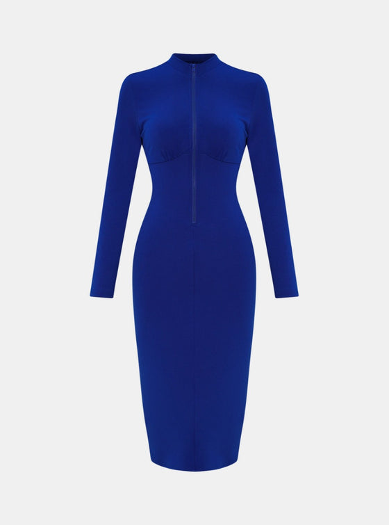 shop blue long sleeve sexy dress, blue fitted dresses, blue casual wear sexy dress, blue zip front midi dress, blue bodycon dress, blue casual sexy dress, womens blue midi dress | MYLUXQUEEN