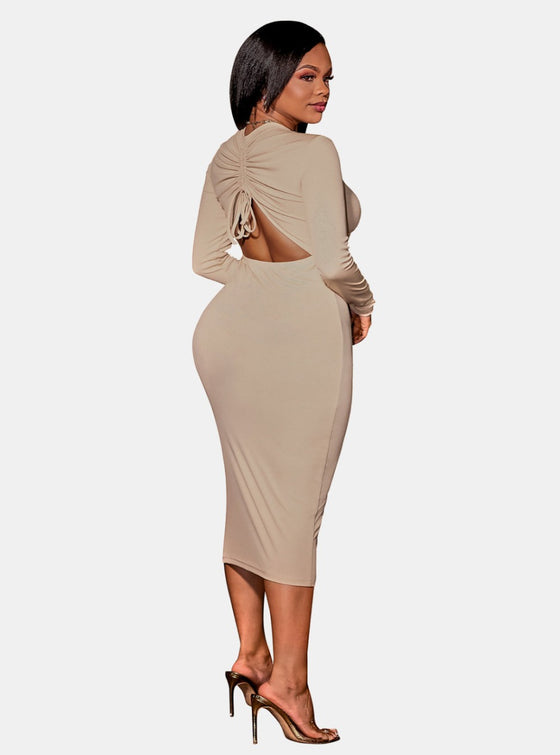 shop womens nude color bodycon dress, womens nude fitted dress, womens going out dress, womens night out nude dress, womens zip front nude dress, womens sexy nude dress, womens nude long sleeve dress, womens open back nude dress, womens under the knee nude dress, womens casual wear dress, womens casual nude dress | MYLUXQUEEN