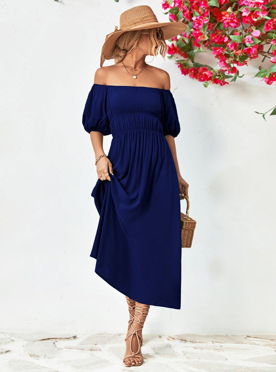 shop womens blue off the shoulder dress, womens blue midi dress, womens casual blue long dress | MYLUXQUEEN