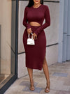 shop cutout burgundy ribbed midi dress with side slit, womens red midi dress, womens dark red midi dress, womens cutout dresses, womens red casual cutout dresses, womens long sleeve red dress, womens date night dress, womens red going out dress, womens night out dress | MYLUXQUEEN