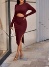 shop cutout burgundy ribbed midi dress with side slit, womens red midi dress, womens dark red midi dress, womens cutout dresses, womens red casual cutout dresses, womens long sleeve red dress, womens date night dress, womens red going out dress, womens night out dress | MYLUXQUEEN