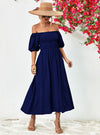 shop womens blue off the shoulder dress, womens blue midi dress, womens casual blue long dress | MYLUXQUEEN