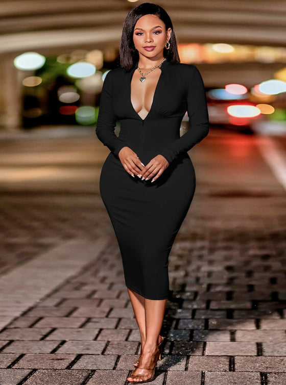 shop womens black bodycon midi dress, womens black long sleeve bodycon dress, womens black casual dress, womens sexy black dress, womens zippered front dress, womes fitted black casual midi dress, womens online fashion and clothing, womens casual black dresses, womens casual dresses, women sexy casual black dress, womens open back black dress | MYLUXQUEEN