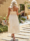 shop womens white dress, biege dress, womens Flowy - Strapless Smocked Midi Dress| myluxqueen