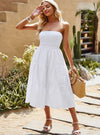 shop womens white dress, womens white Flowy - Strapless Smocked Midi Dress| myluxqueen