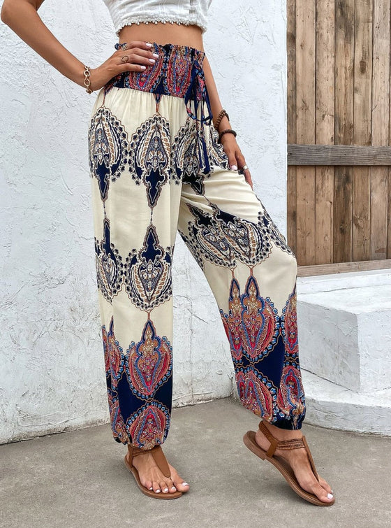 Pants - Womens Bohemian Smocked High Waist Pants