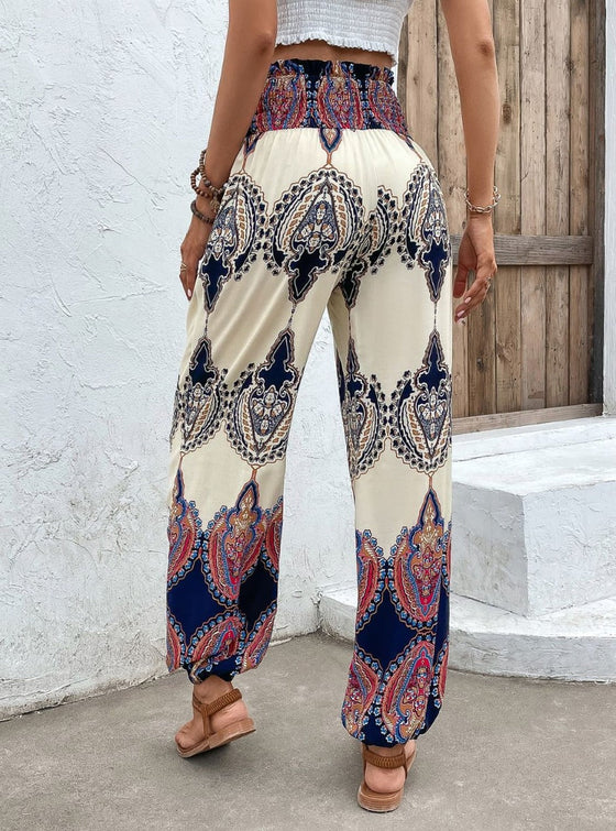 Pants - Womens Bohemian Smocked High Waist Pants