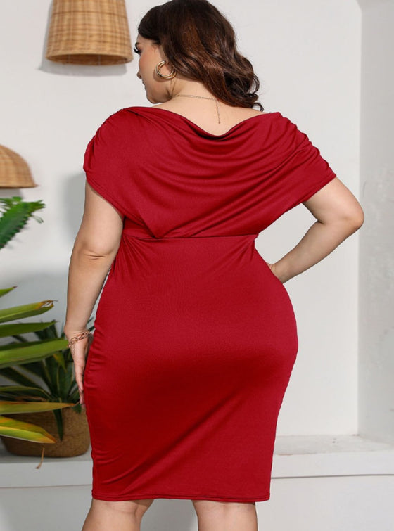 shop plus size red women dresses, Plus Size Red Ruched V-Neck Dress| myluxqueen