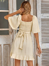 shop womens off white dress, beige dress, womens Smocked Ruffle Hem Dress| myluxqueen