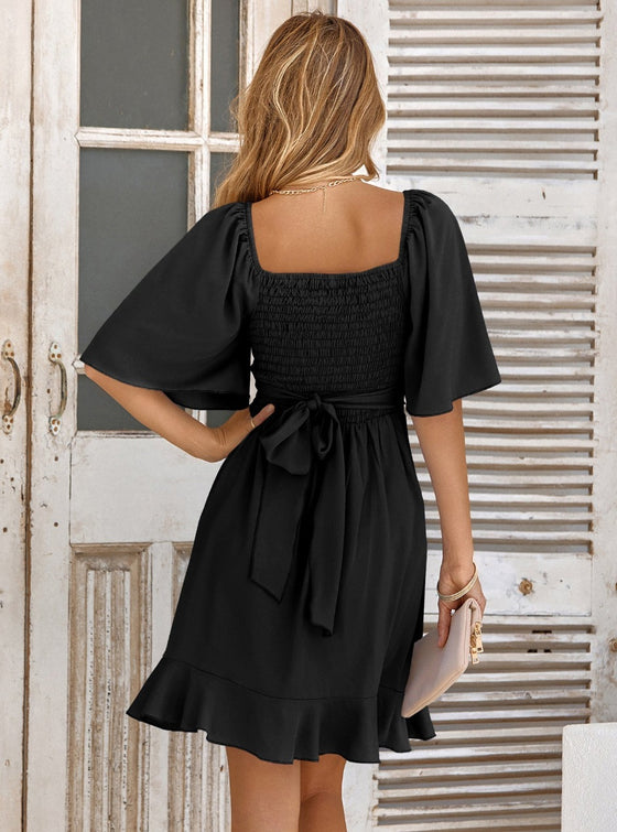 shop womens black dress, womens Smocked Ruffle Hem Dress| myluxqueen