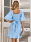 shop womens blue dress, womens Smocked Ruffle Hem Dress| myluxqueen