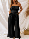 shop womens jumpsuits, Tie-Waist Ruffled Strapless Wide Leg Jumpsuit| MYLUXQUEEN