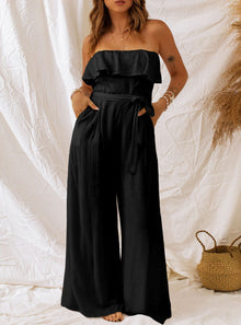  shop womens jumpsuits, Tie-Waist Ruffled Strapless Wide Leg Jumpsuit| MYLUXQUEEN