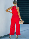 shop womens red jumpsuit, Twisted Grecian Neck Wide Leg Jumpsuit| myluxqueen