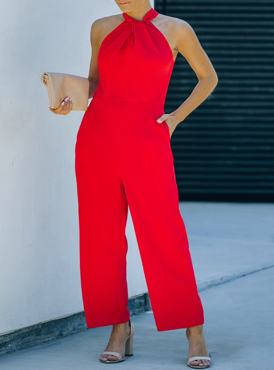 shop womens red jumpsuit, Twisted Grecian Neck Wide Leg Jumpsuit| myluxqueen